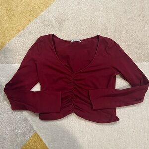 Urban Outfitters Long Sleeve Red burgundy Crop Top large ruched shirt blouse L